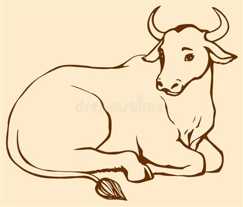 Vector Contour Illustration Of Lying Cow With Big Horns Stock Vector ...