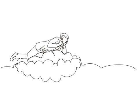 Continuous One Line Drawing Dreamer Businessman Lay On The Clouds And