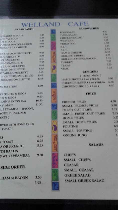 Menu At Welland Cafe Welland