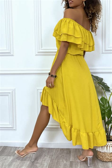 Robe Jaune Fluide Volants Et Col Bardot