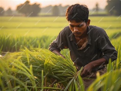 Premium AI Image | A young man harvesting paddy in a paddy field