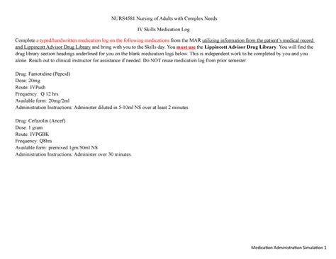 NURS 4581 AO IV Skills Patient Medication Log Form And Directions