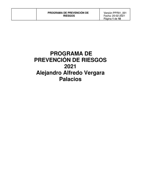 Programa De Prevenci N De Riesgos Riesgos Fecha P Gina De