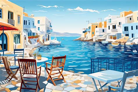 Beautiful Island Town in Greece. AI Generated Waterwashed Illustration ...