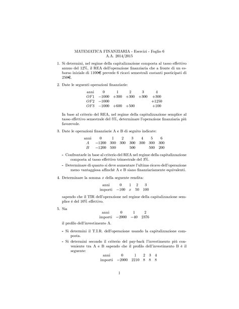 Es C Matematica Finanziaria Esercizi Foglio A Si