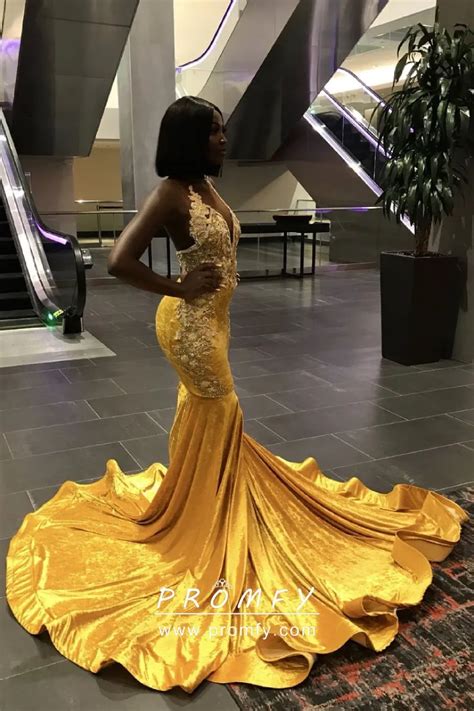 Gorgeous Yellow Velvet Long Train Mermaid African American Prom Dress