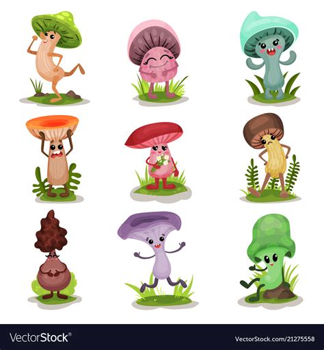 Funny mushrooms set colorful mushroom characters Vector Image