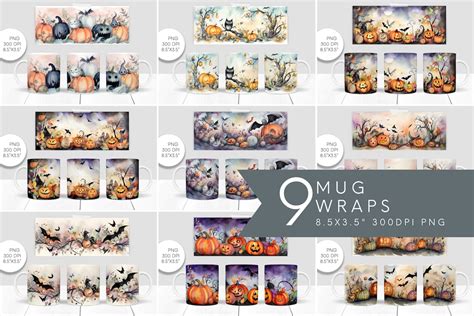 Watercolor Spooky Halloween Mug Template Bundle, 11oz Mug Templates ...