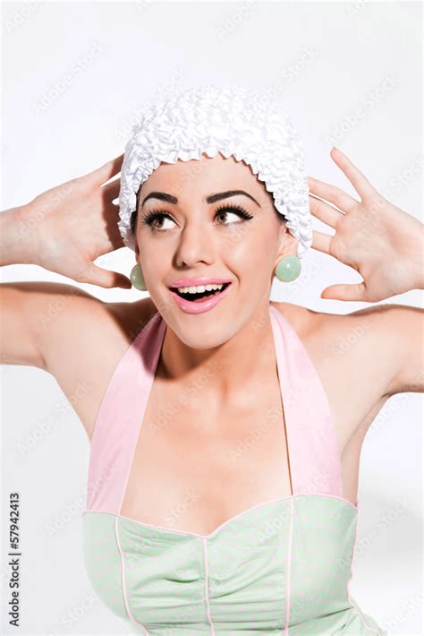 Sexy Fifties Pin Up Girl With Swimming Cap And Pink Lipstick Wea Stock