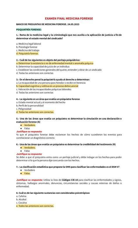 Preguntas Medicina Forense Examen Final EXAMEN FINAL MEDICINA