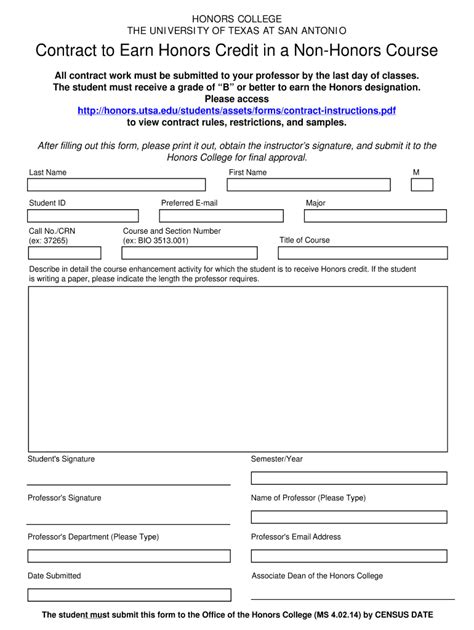 Fillable Online Honors Utsa Non Honors Course Contract Form Honors