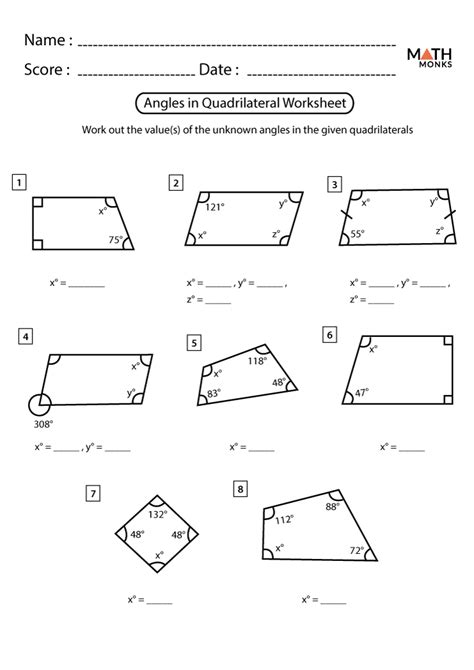 Angles In Quadrilaterals Worksheet