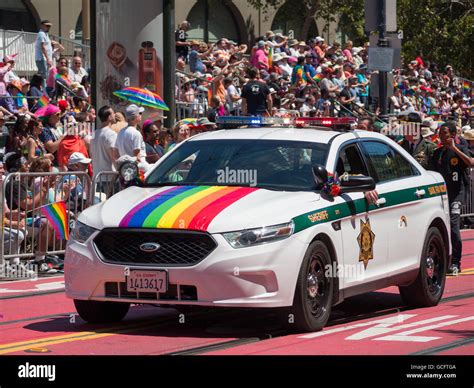 Police Car With Gay Flag In San Francisco Pride Parade 2016 Stock Photo