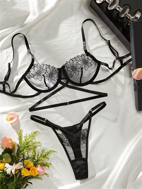 Womens Flower Embroidery Sheer Mesh Sexy Lingerie Set Rakaraka