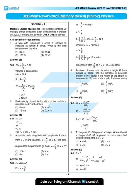 Jee Main 25 Jan Shift 2 Physics Memory Based Question Paper With Pdf