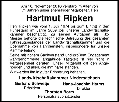 Traueranzeigen Von Hartmut Ripken Nordwest Trauer De