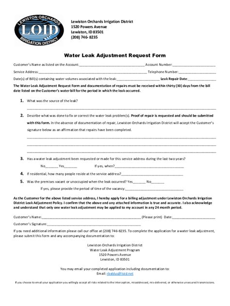 Fillable Online Water Leak Adjustment Request Form Removed Fax Info Fax