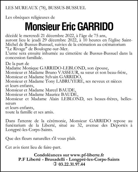 Avis De Décès De Eric Garrido Pompes Funèbres Liberté Brusadelli