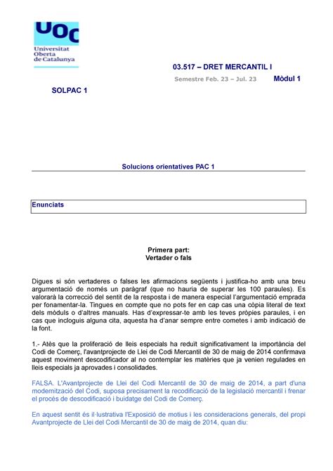 SOL PAC1 MERCANTIL I 2022 2023 03 DRET MERCANTIL I Semestre Feb 23