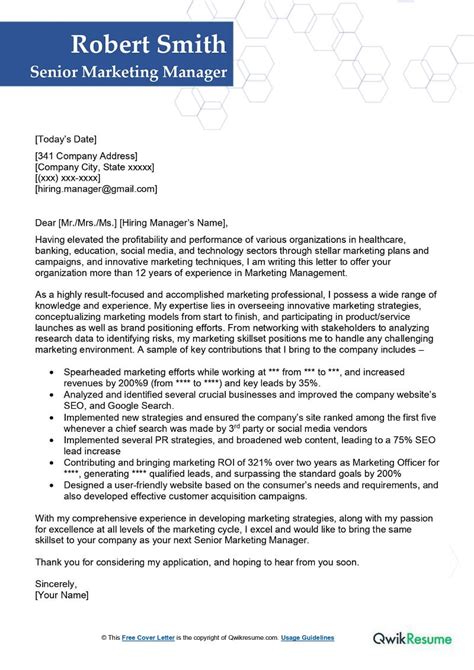 Senior Marketing Manager Cover Letter Examples QwikResume