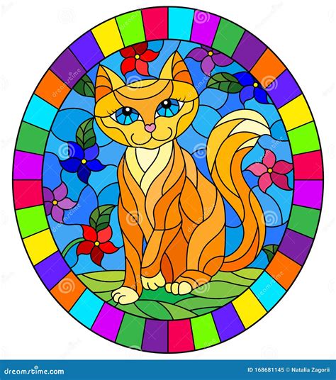 Stained Glass Illustration With A Red Cute Cat On A Background Of Meadows Bright Flowers And