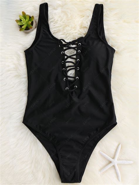 37 OFF 2021 Lace Up Slimming One Piece Swimsuit In BLACK ZAFUL