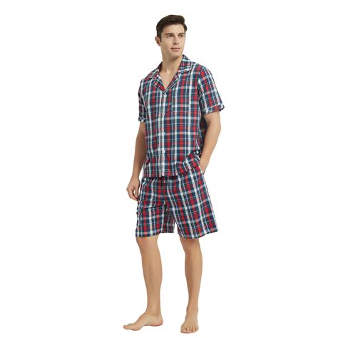 Vulcanodon Mens Cotton Pajama Set Plaid Pj Lounge Sleepwear Button Down Red Blue Large