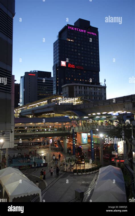 BTS national stadium station near MBK shopping mall at night , Bangkok , Thailand Stock Photo ...