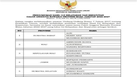 Daftar Nama Calon Anggota Bawaslu Sumsel Terpilih Periode 2022 2027