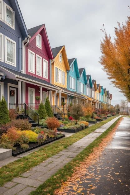 Premium Ai Image Row Of Colorful Townhouses With Landscaped Yards