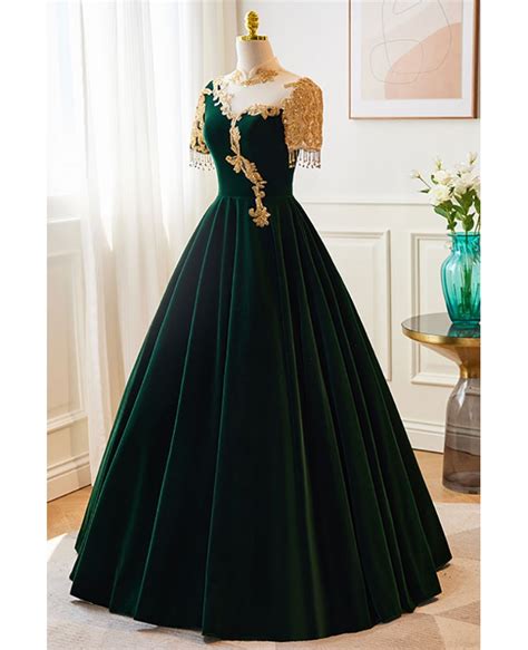 Noble Dark Green Ballgown Velvet Prom Dress with Gold Beadings #MX18110 - GemGrace.com