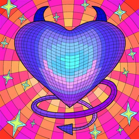 A Purple Heart With Horns And Stars On A Pink Background In The Style