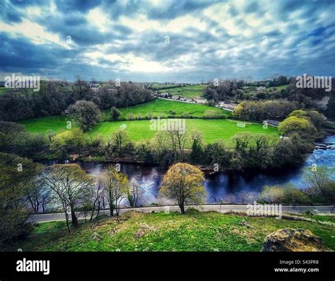 Birds Eye View Of The River Swale From The Top Of Richmond Castle Stock