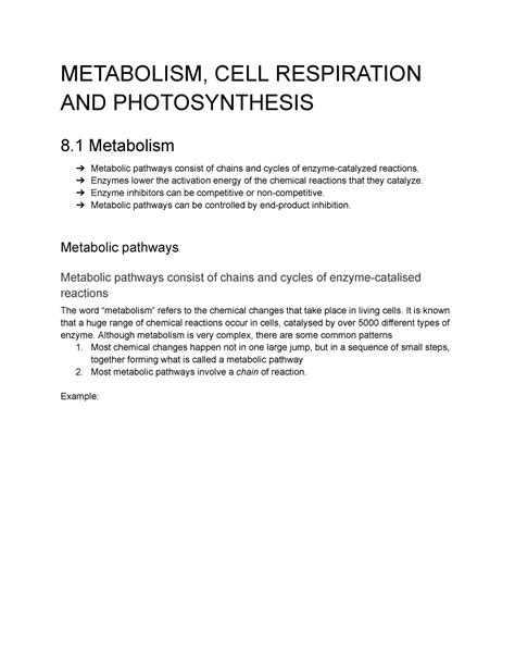 Resumen Biology Ib High Level Topic Metabolism Cell Respiration