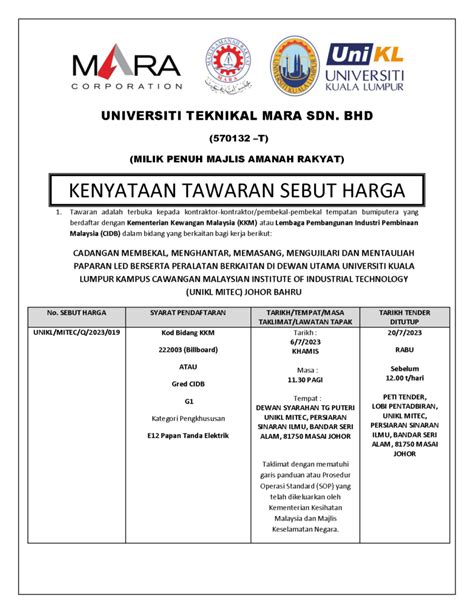 Kenyataan Tawaran Sebut Harga Papan Tanda Elektrik Unikl Mitec