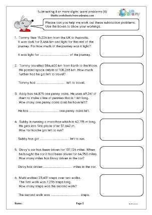 Subtracting 4 Digits Or More Word Problems 4 Subtraction In Year 5