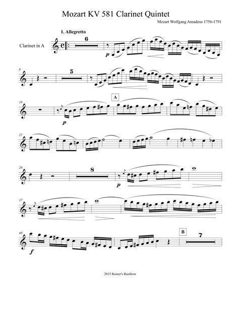 Mozart Clarinet Quintet Part For A Clarinet With Easy Page Turns Arr