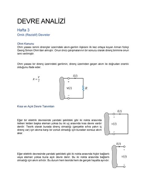 Devre ANALİZİ hafta 3 DEVRE ANALİZİ Hafta 3 Omik Rezistif Devreler