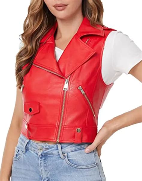 Womens Red Faux Leather Moto Vest