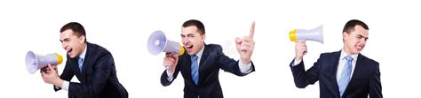 Man With Loudspeaker Isolated On White Stock Image Image Of Bullhorn