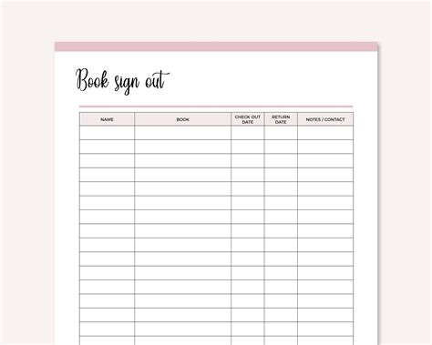 Printable Library Book Sign Out Sheet Book Sign Out Form Etsy Norway