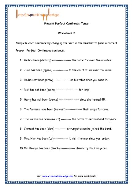 Grade 4 English Resources Printable Worksheets Topic Present Perfect Continuous Tenses Lets