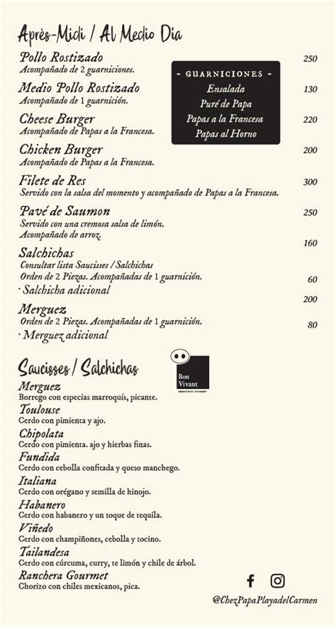 Menu At Chez Papa Restaurant Playa Del Carmen