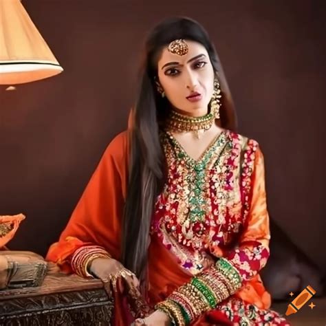 Stylish Pakistani Woman In Traditional Clothing At Home On Craiyon