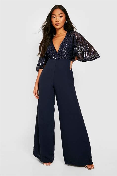 Petite Sequin Flared Sleeve Wide Leg Jumpsuit Boohoo Uk