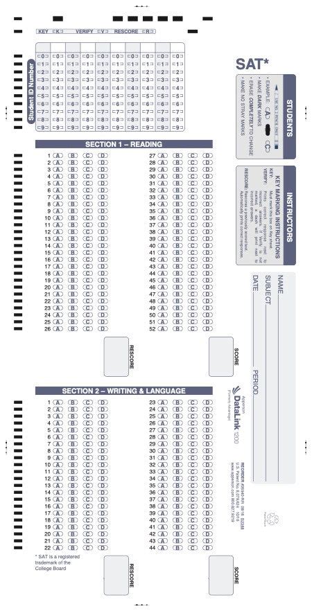 Sat Practice Datalink 1200 Test Answer Sheet Part 1 3 26940 Apperson