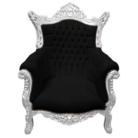 Grand Fauteuil Baroque Rococo Velours Noir Et Bois Argent