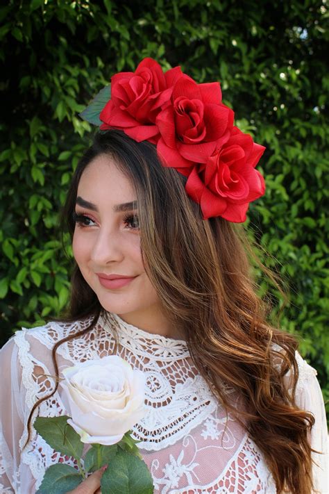 Side Red Rose Flower Crown Headband Mexican Wedding Bridal Etsy