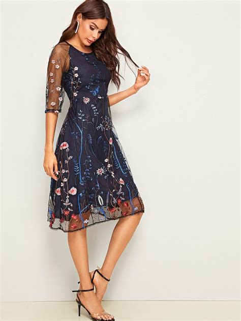 Floral Embroidery Mesh Overlay Dress Mesh Overlay Dress Sequin Tube