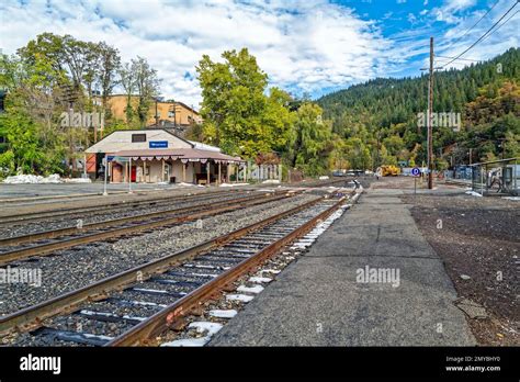 Railroad tracks approach the Amtrak train station in Dunsmuir ...